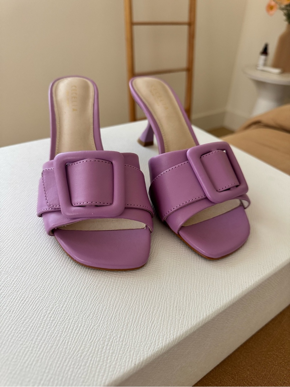 Cecelia Lilac Buckle Slide Mules with Mid Heel - Women